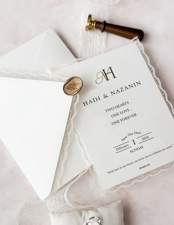 کارت عروسی شیک با دیزاین دانتل و مهر